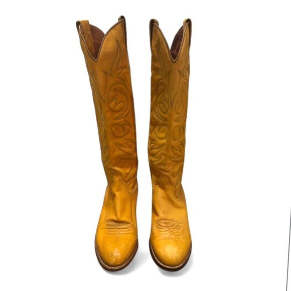 Tony Mora Cowboy Boots Yellow Tall Western Wmns Size 8.5 Stitched Leather 6400 5 - Picture 3 of 12
